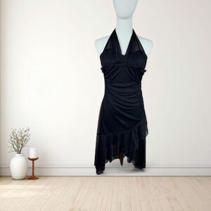 Y2K vintage Lauren petite black halter mesh ruched mini dress going out
